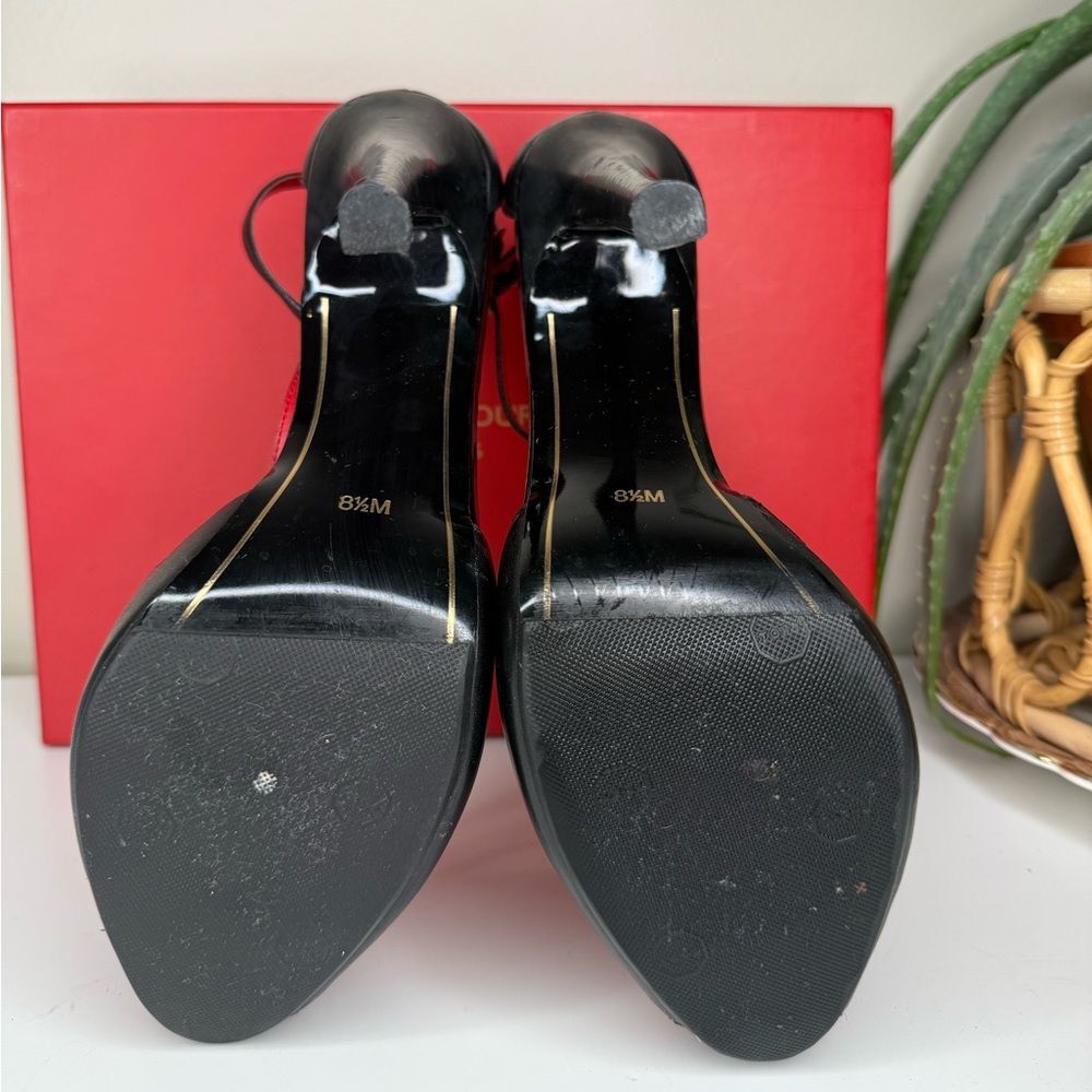 Charles Jourdan Paris Black Leather Ankle Strap Peep Toe Heels Bow Detail 8.5M - Picture 5 of 13
